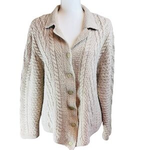PAUL JAMES Aran Cable Knit Wool Cardigan Sweater L Fisherman Coastal England